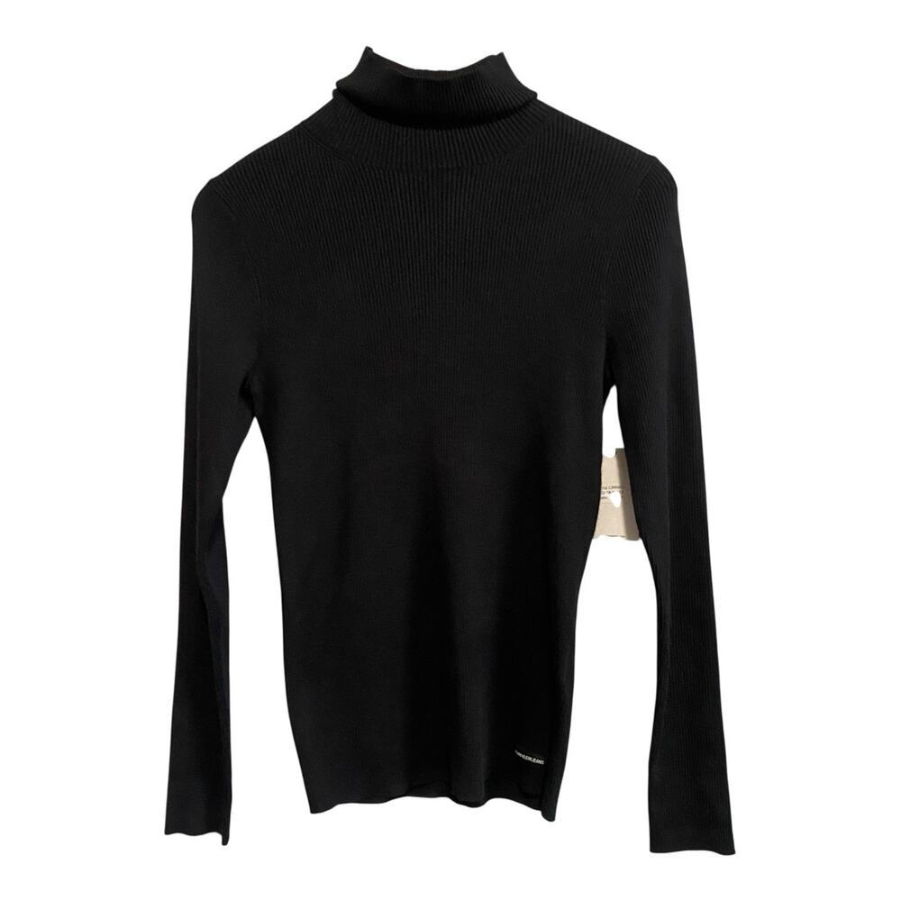 Calvin Klein Womens Black Long Sleeve Ribbed Fitted Turtleneck Sweater Large NWT